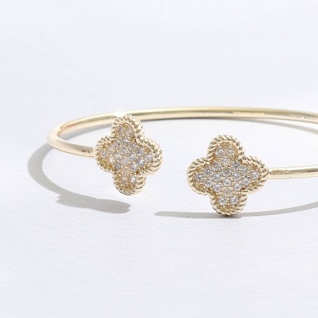 Fashion City - Thin Gold Tone Wire Two CZ Clover Edges Bracelet: BG / ONE SIZE