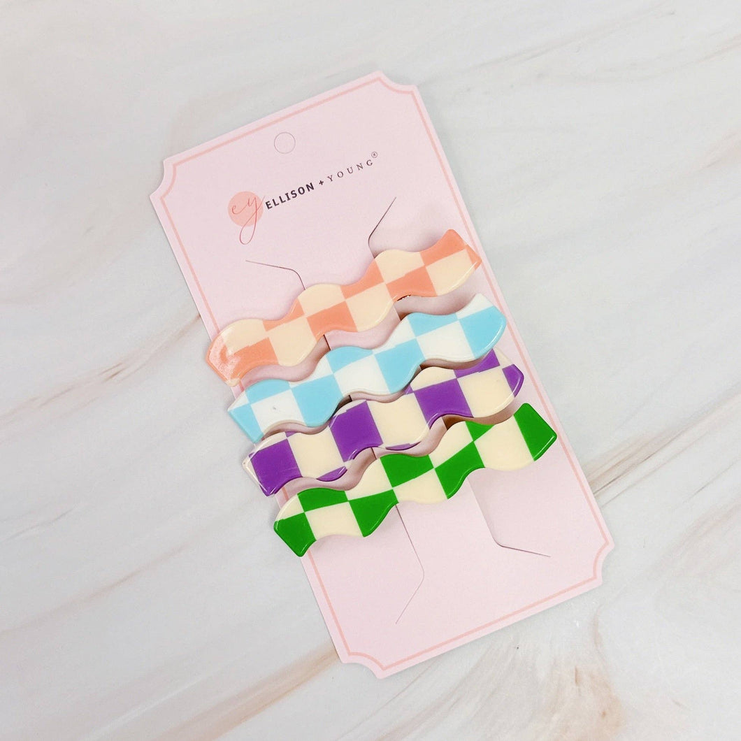 Ellison+Young - Checkered Wavy Creaseless Hair Clip Set Of 4: Happy Multi