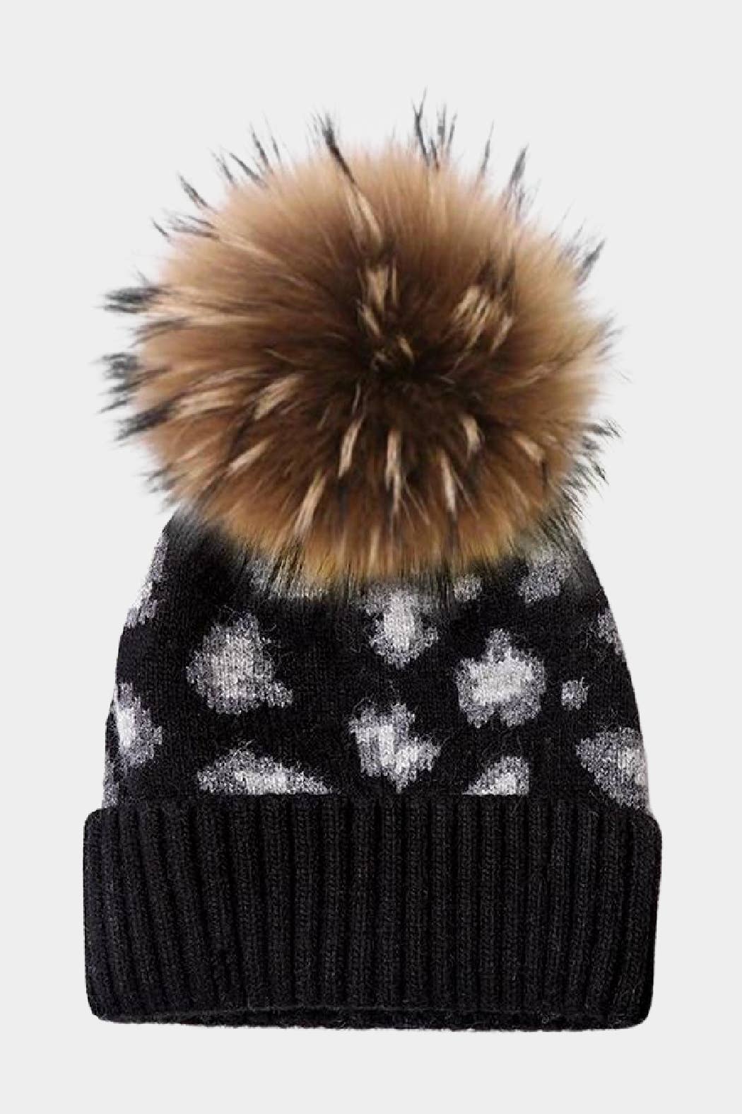 Embellish Your Life - Leopard Cashmere Blend Beanie w Real Fur Pom