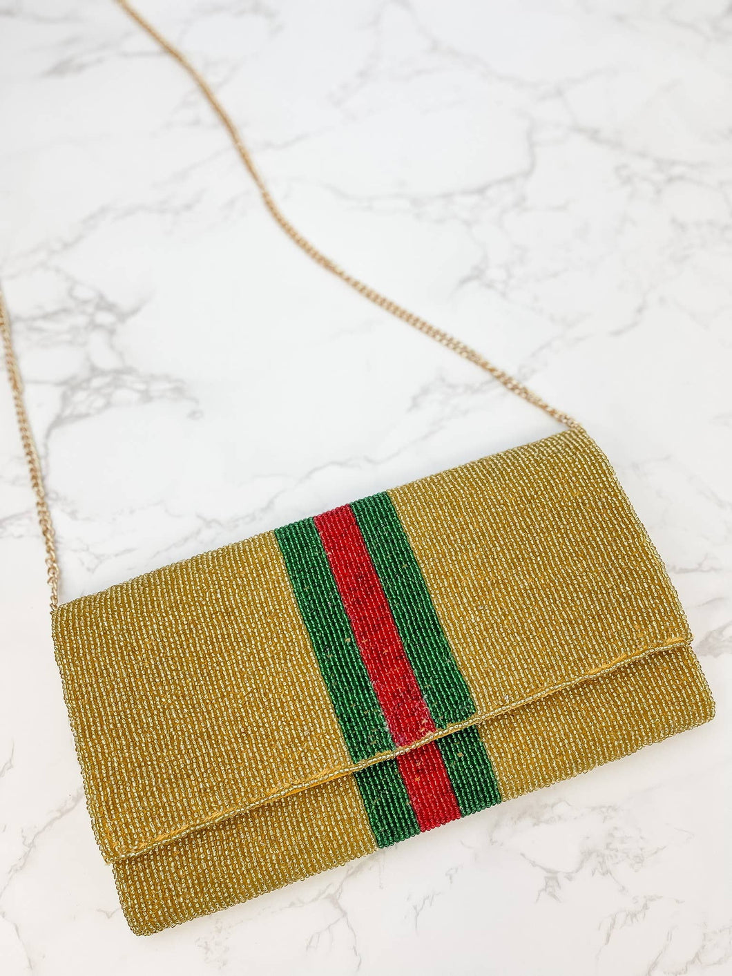 Prep Obsessed Wholesale - Green & Red Stripe Crossbody Chain Clutch - Gold